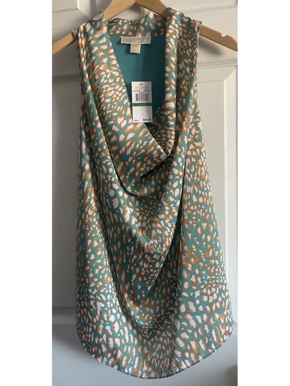 MICHAEL KORS Sleeveless Top Tunic L Teal Orange Satin Drape Cowl Pullover NEW